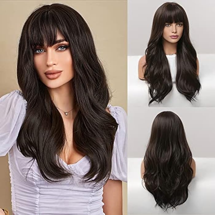 DILLARDS Haircube Dark Brown Wigs For Women,Long Curly Hair Wig With Neat Bangs - Image 4